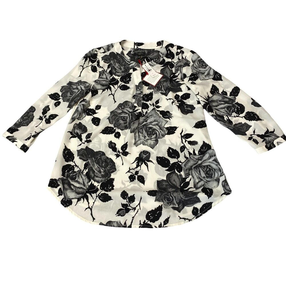 The Talbots Classic Blouse Top‎ Womens Petite White Black Rose Floral MSRP:$89